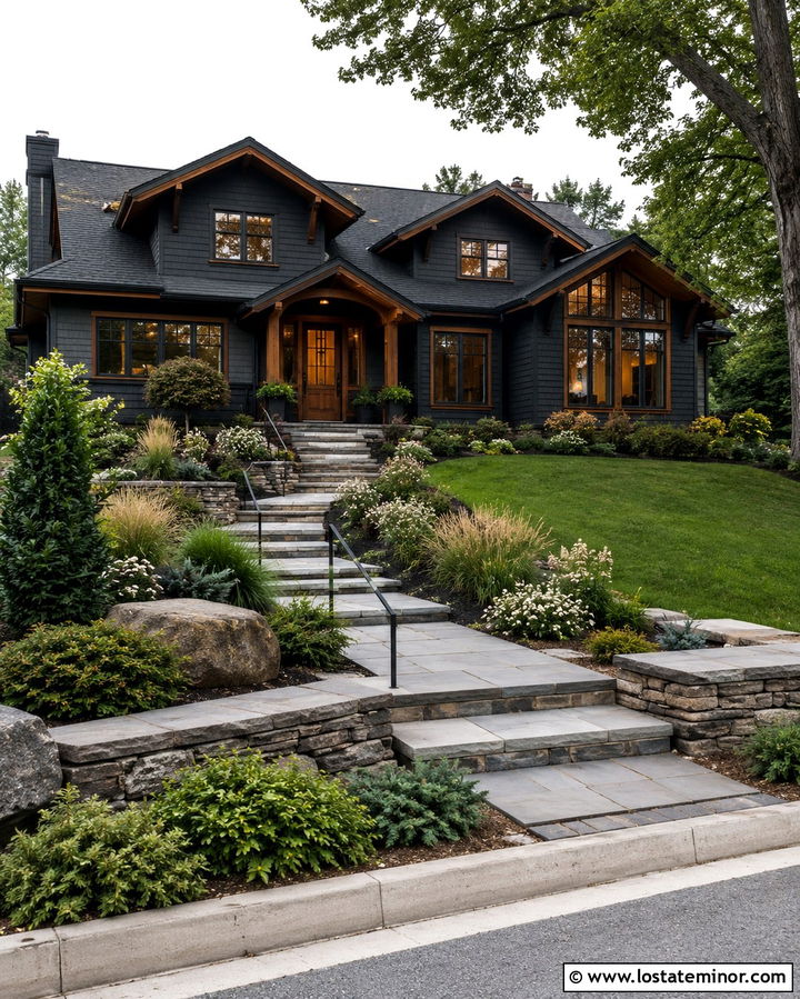 Soft Black House With Stepped Garden Entry - 30 Soft Black House Design With Steps Ideas