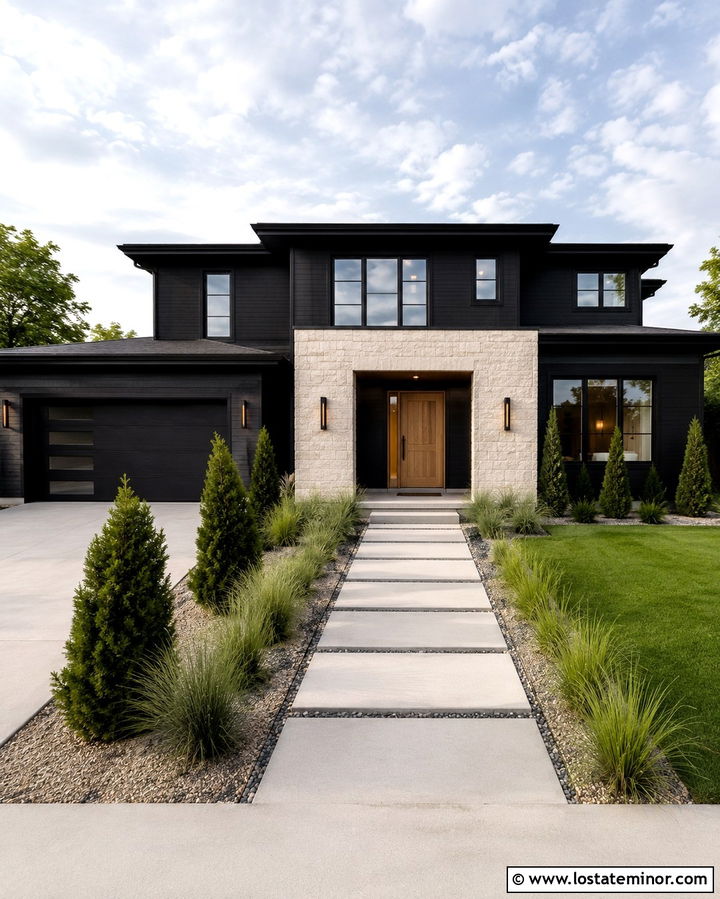 Soft Black House With Stone Accent Wall - 30 Soft Black House Design With Stone Accents Ideas