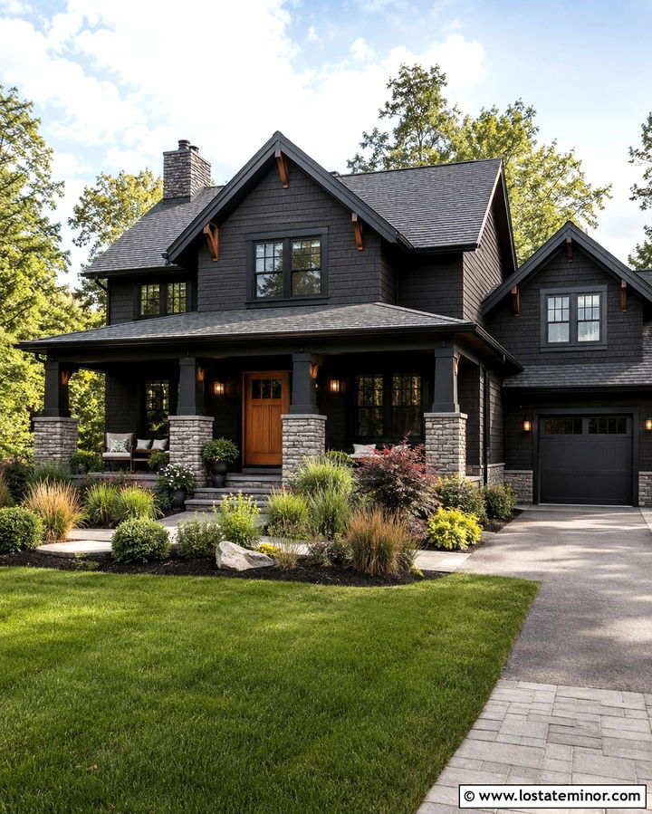 Soft Black House With Stone Accents - 30 Soft Black House Design With Accents Ideas