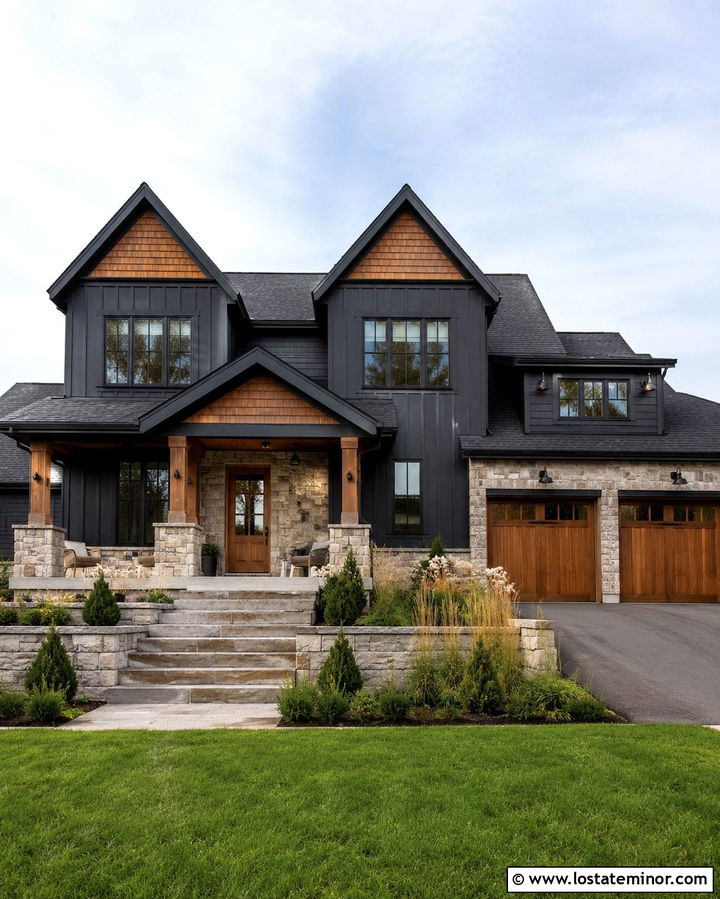 Soft Black House With Stone And Shingle Accents - 30 Soft Black House Design With Shingles Ideas
