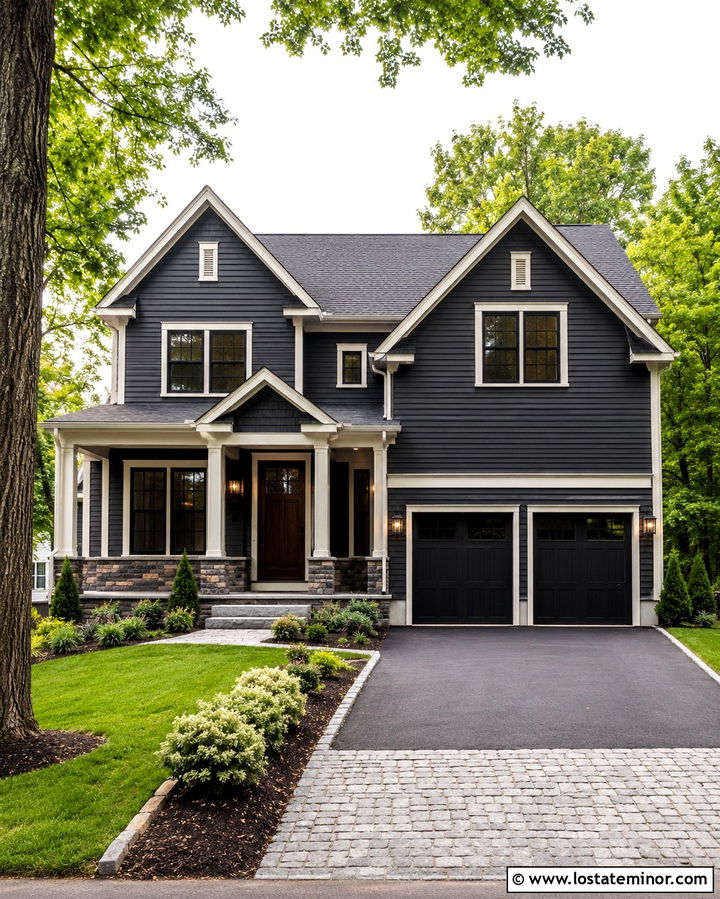 Soft Black House With Stone Apron Driveway - 30 Soft Black House Design With Driveway Ideas