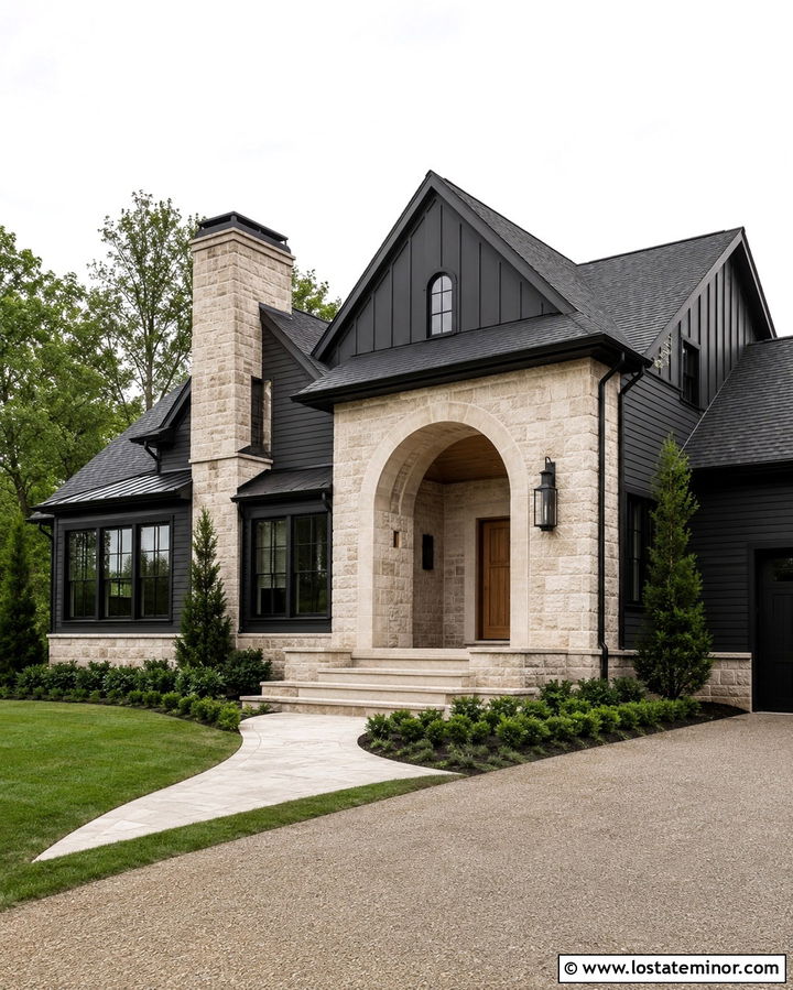 Soft Black House With Stone Arch Portico - 30 Soft Black House Design With Portico Ideas