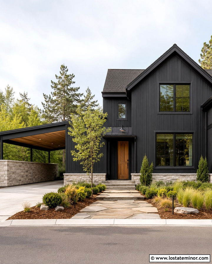 Soft Black House With Stone Carport Wall - 30 Soft Black House Design With Carport Ideas