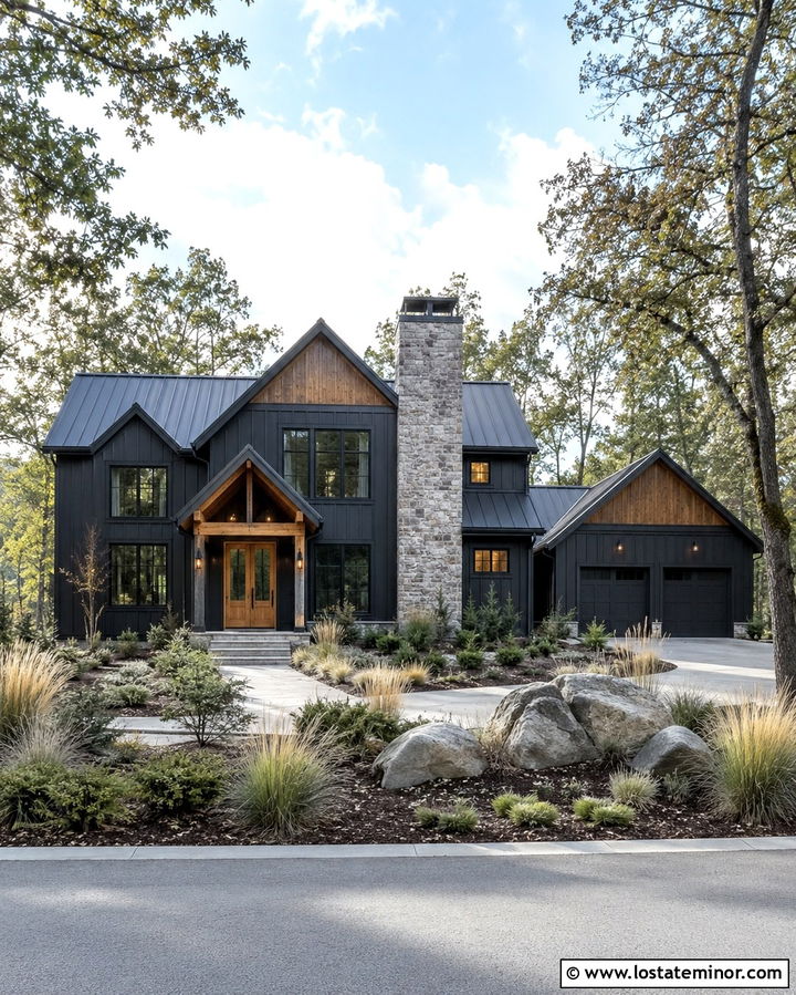 Soft Black House With Stone Chimney - 30 Soft Black House Design With Stone Accents Ideas