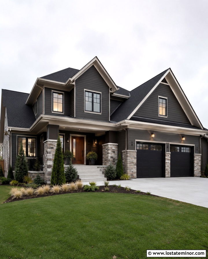 Soft Black House With Stone Columns And Black Roof - 30 Soft Black House Design With Porch Columns Ideas