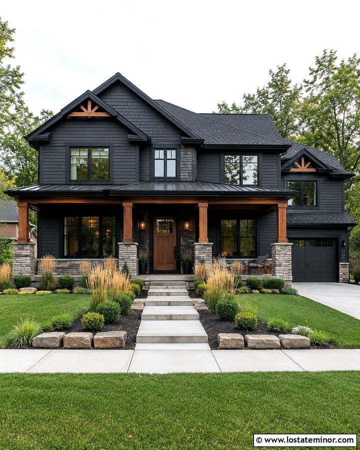 Soft Black House With Stone Columns - 30 Soft Black House Design With Stone Accents Ideas