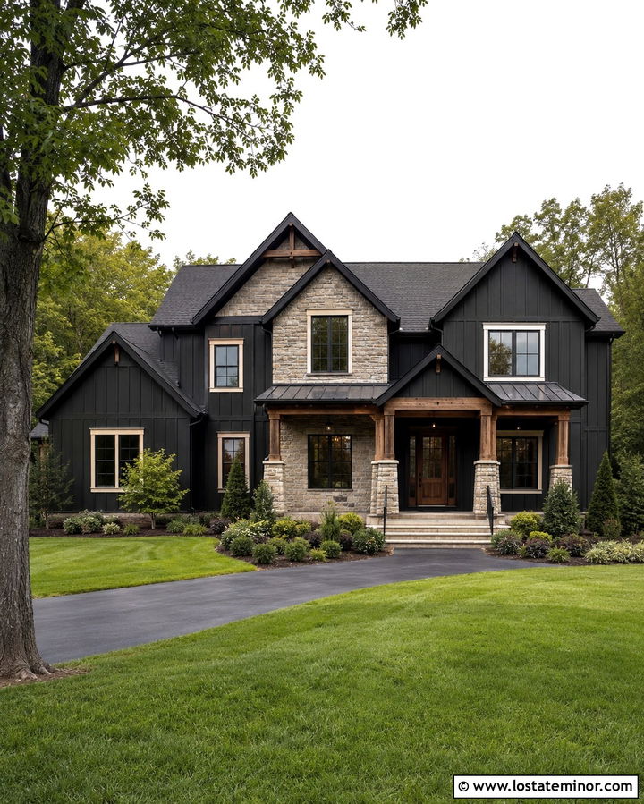 Soft Black House With Stone Dormers - 30 Soft Black House Design With Dormers Ideas