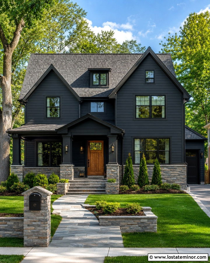 Soft Black House With Stone Foundation - 30 Soft Black House Design With Stone Accents Ideas