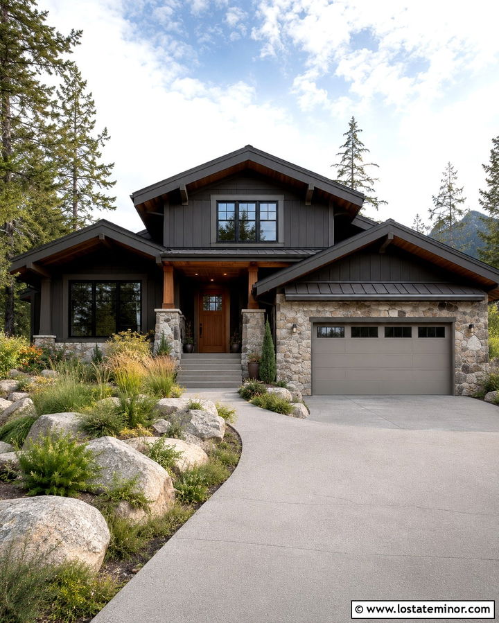 Soft Black House With Stone Garage Surround - 30 Soft Black House Design With Garage Door Ideas