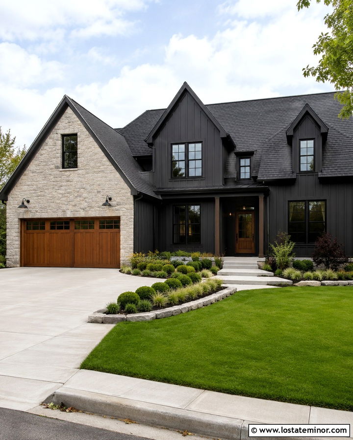 Soft Black House With Stone Garage - 30 Soft Black House Design With Stone Accents Ideas