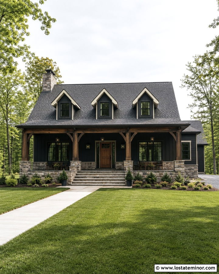 Soft Black House With Stone Porch And Dormers - 30 Soft Black House Design With Dormers Ideas