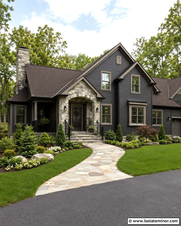 Soft Black House With Stone Porch And Screen Door - 30 Soft Black House Design With Screen Door Ideas