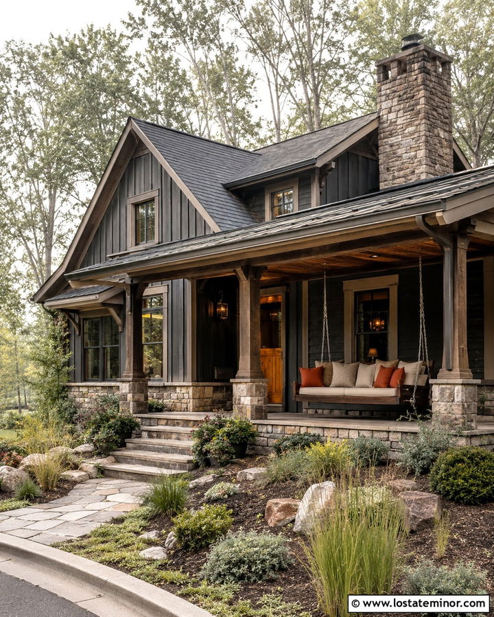 Soft Black House With Stone Porch And Wood Swing - 30 Soft Black House Design With Swing Ideas