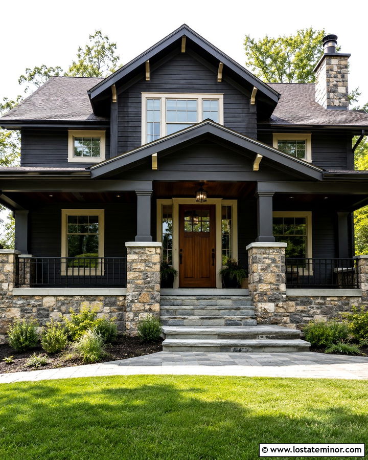 Soft Black House With Stone Porch Railings - 30 Soft Black House Design With Railings Ideas