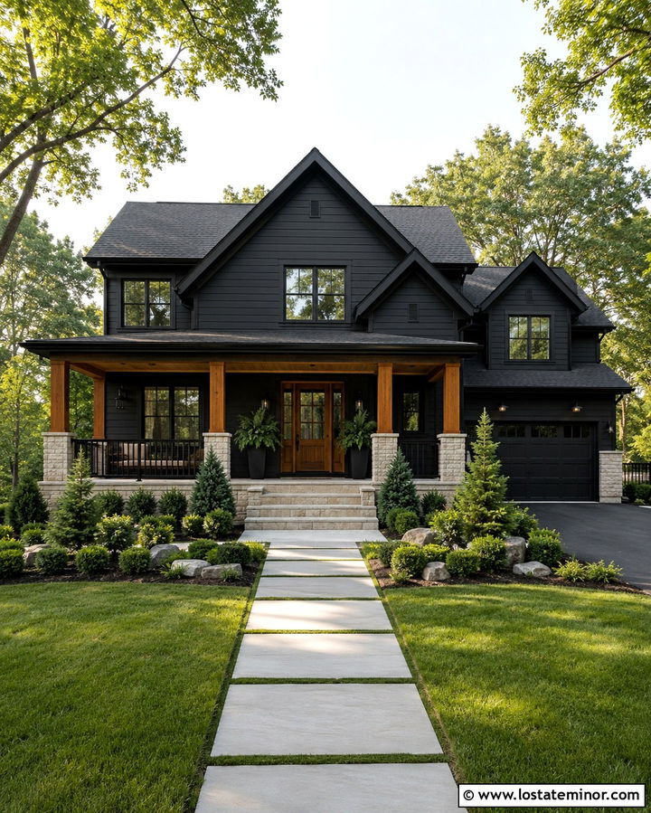 Soft Black House With Stone Porch - 30 Soft Black House Design With Stone Accents Ideas