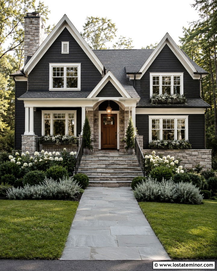 Soft Black House With Stone Window Boxes - 30 Soft Black House Design With Window Boxes Ideas