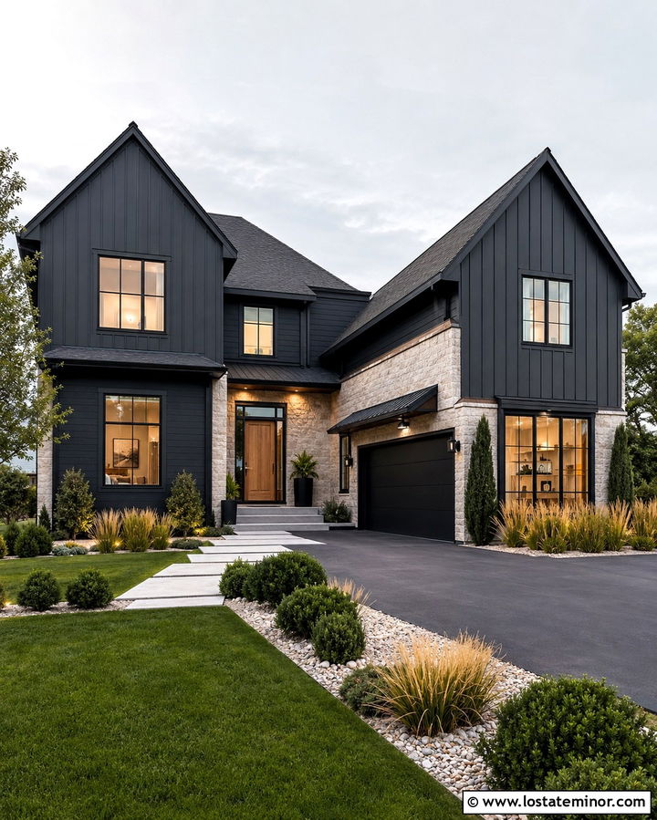 Soft Black House With Stone and Black Trim - 30 Soft Black House Design With Stone Accents Ideas