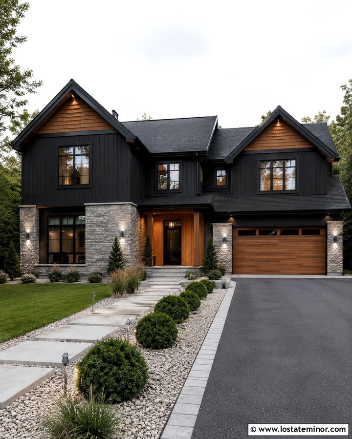 Soft Black House With Stone and Cedar - 30 Soft Black House Design With Stone Accents Ideas