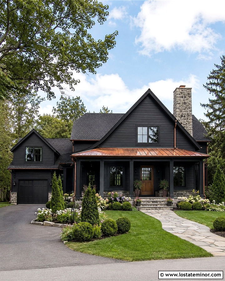 Soft Black House With Stone and Copper Accents - 30 Soft Black House Design With Stone Accents Ideas