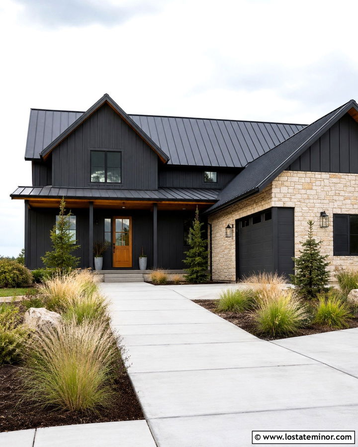 Soft Black House With Stone and Metal Roof - 30 Soft Black House Design With Stone Accents Ideas