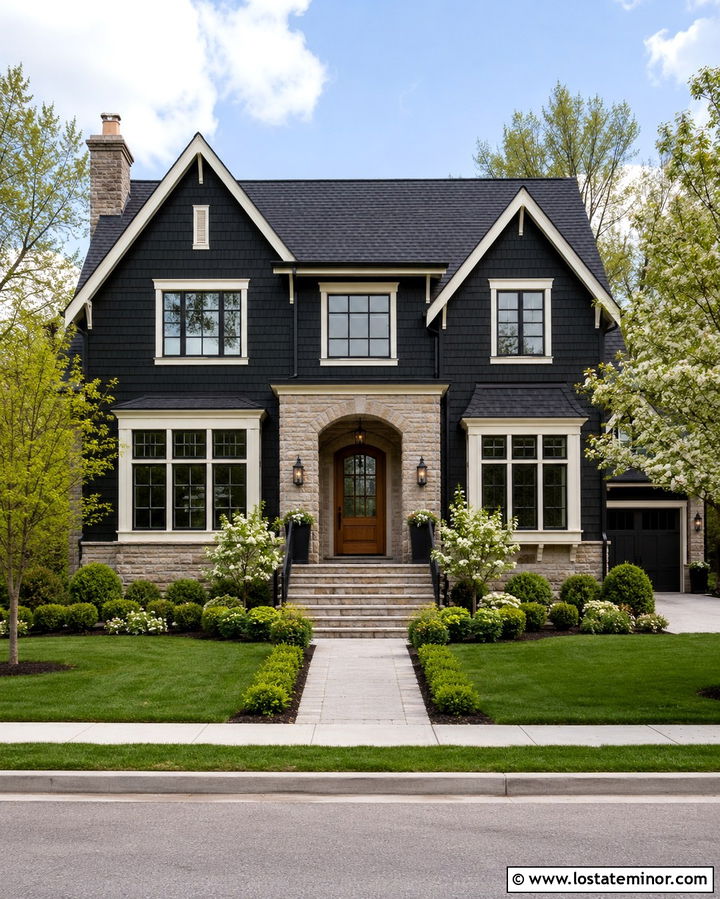 Soft Black House With Stone and White Trim - 30 Soft Black House Design With Stone Accents Ideas