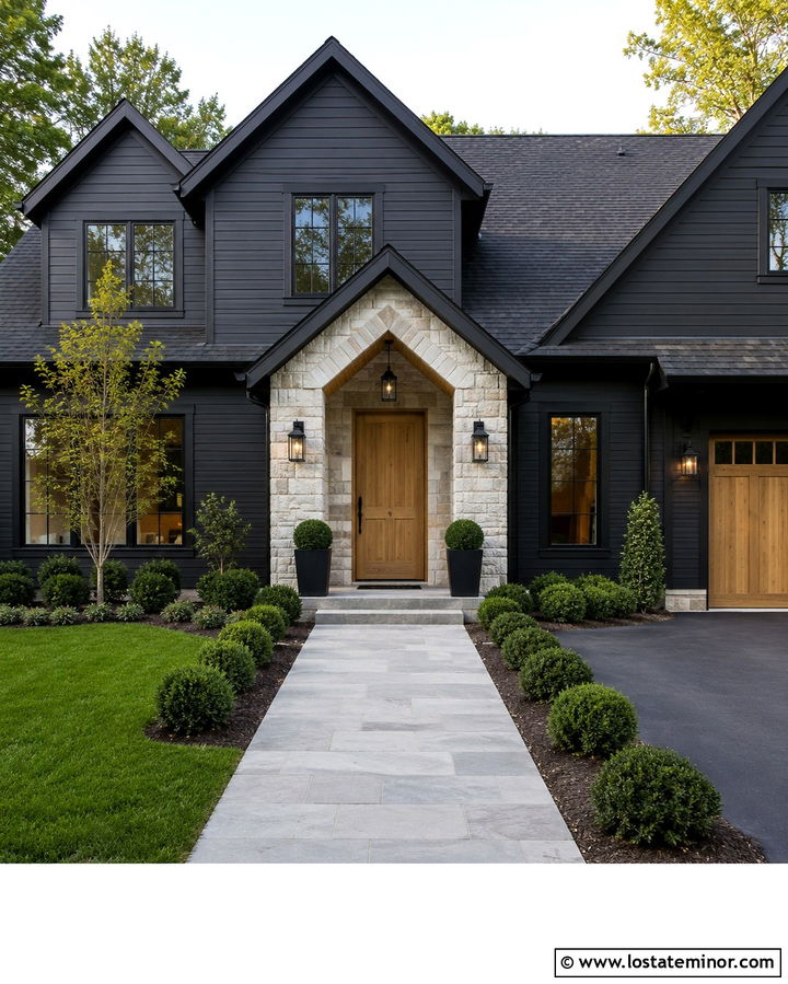 Soft Black House With Stone and Wood Door - 30 Soft Black House Design With Stone Accents Ideas