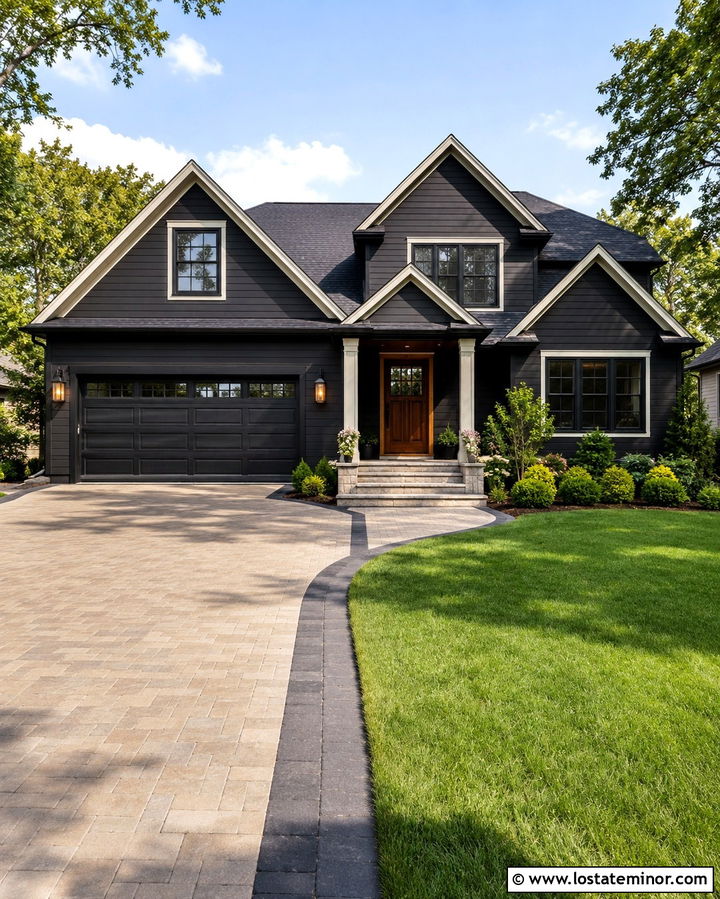 Soft Black House With Tan Paver Driveway - 30 Soft Black House Design With Driveway Ideas