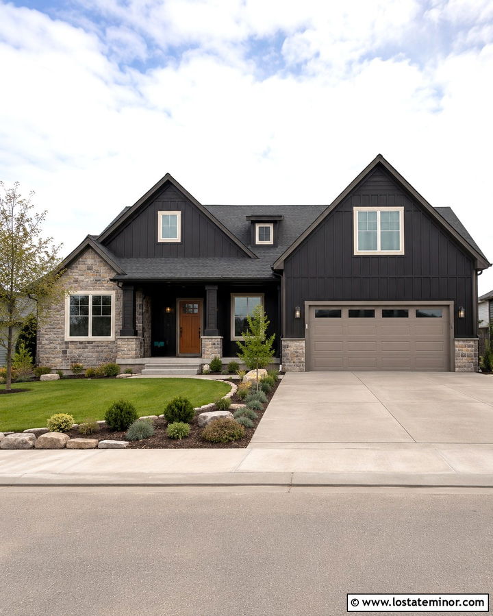Soft Black House With Taupe Garage Door - 30 Soft Black House Design With Garage Door Ideas