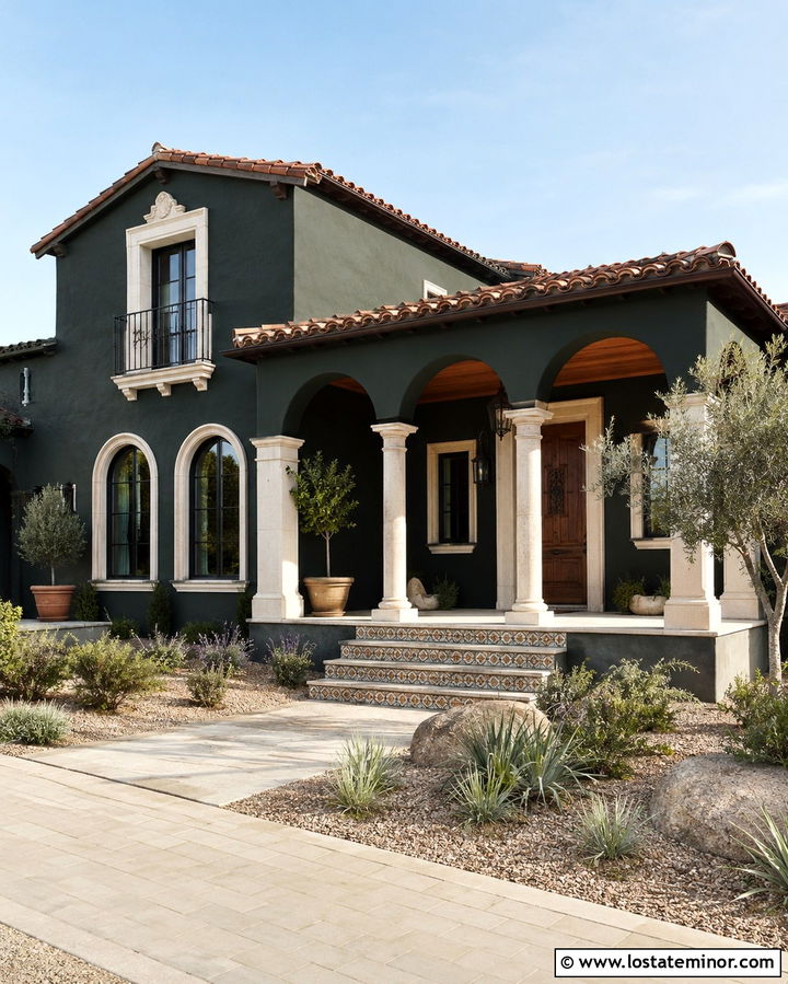 Soft Black House With Terracotta Porch Ceiling - 30 Soft Black House Design With Porch Ceiling Ideas