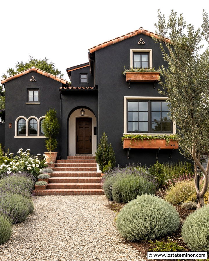 Soft Black House With Terracotta Window Boxes - 30 Soft Black House Design With Window Boxes Ideas