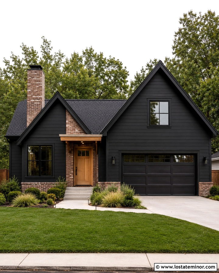 Soft Black House With Thin Brick Accents - 30 Soft Black House Design With Brick Accents Ideas