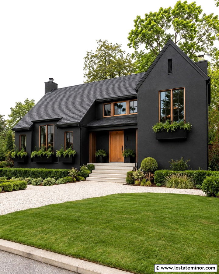 Soft Black House With Trailing Green Window Boxes - 30 Soft Black House Design With Window Boxes Ideas