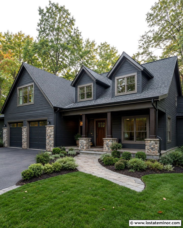 Soft Black House With Twin Gable Dormers - 30 Soft Black House Design With Dormers Ideas
