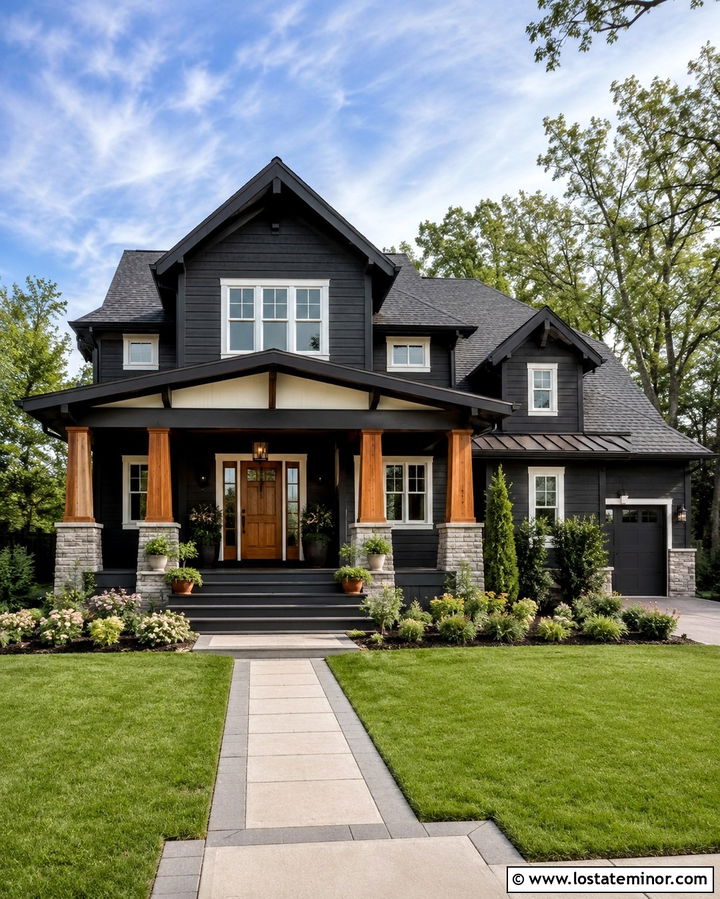 Soft Black House With Two Tone Porch Ceiling - 30 Soft Black House Design With Porch Ceiling Ideas