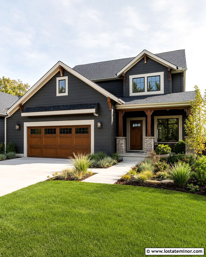 Soft Black House With Warm Wood Garage Door - 30 Soft Black House Design With Garage Door Ideas