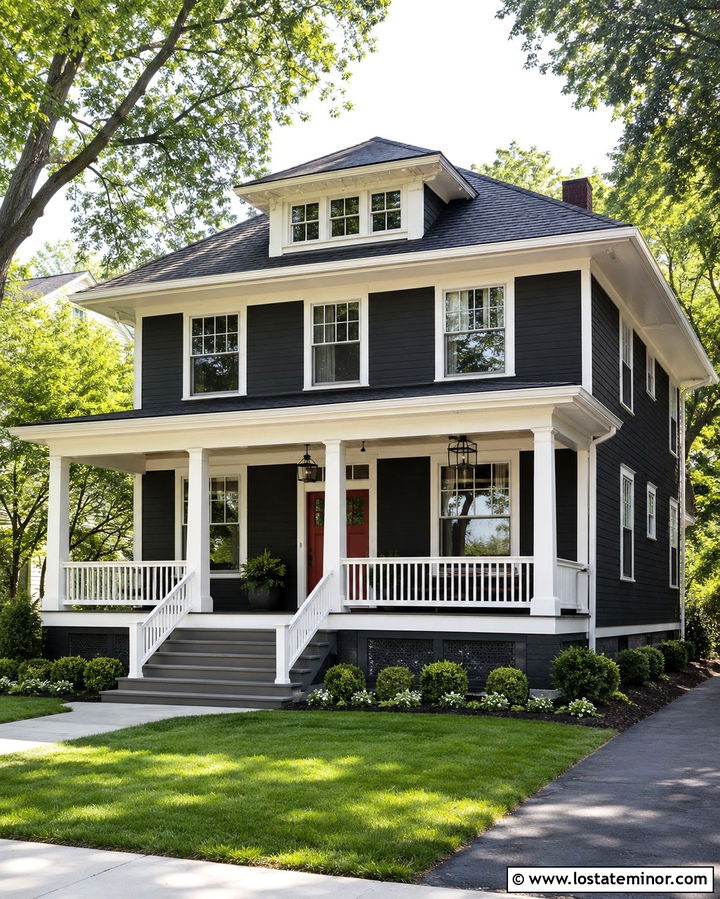 Soft Black House With White Beadboard Porch Ceiling - 30 Soft Black House Design With Porch Ceiling Ideas