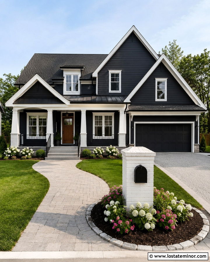 Soft Black House With White Column Mailbox - 30 Soft Black House Design With Mailbox Ideas