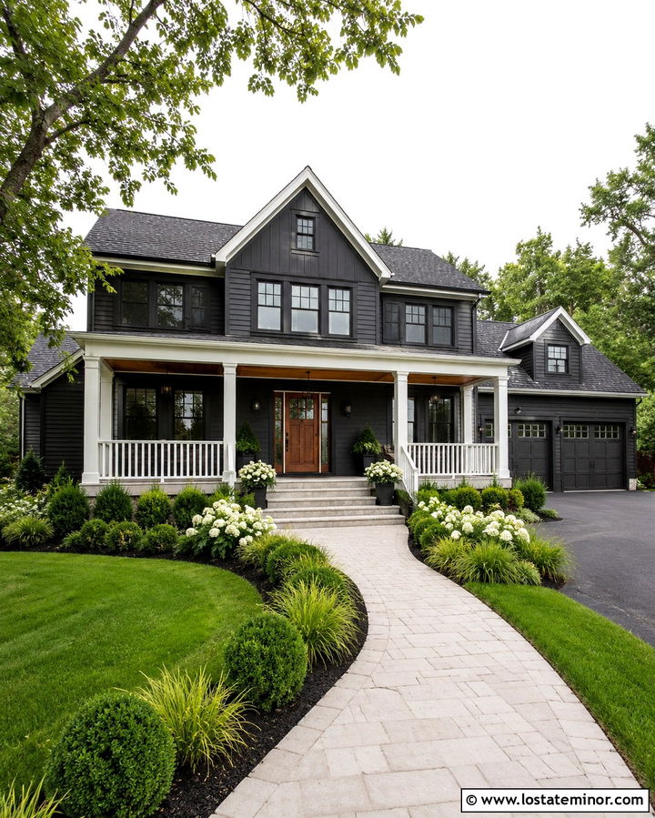 Soft Black House With White Columns And Cedar Door - 30 Soft Black House Design With Porch Columns Ideas