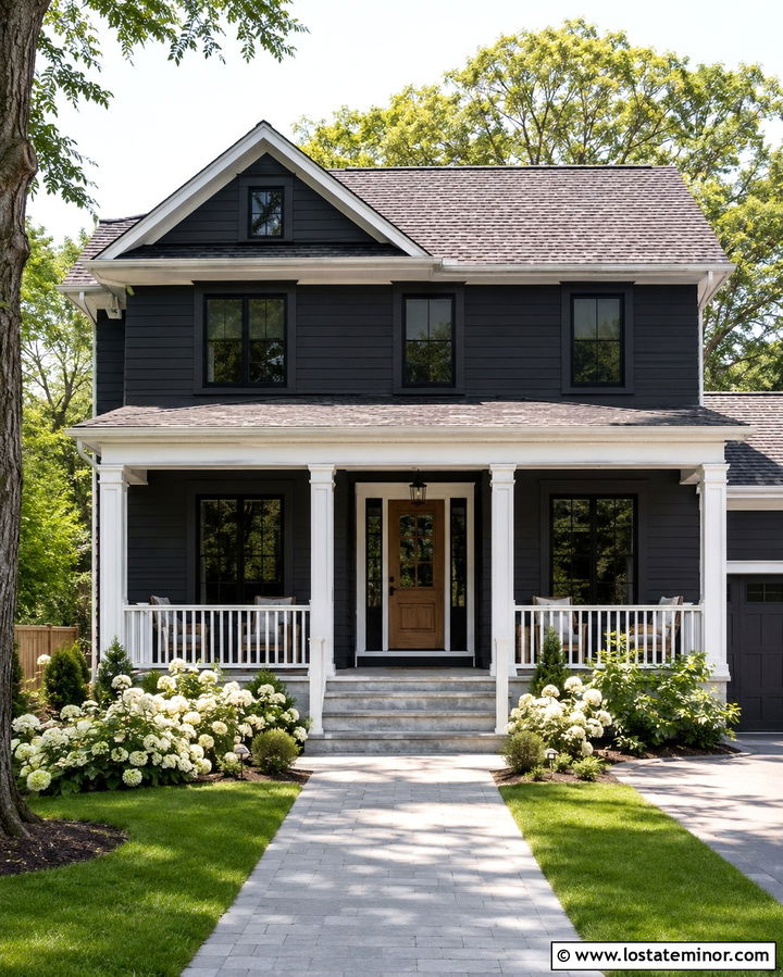 Soft Black House With White Columns And Gray Roof - 30 Soft Black House Design With Porch Columns Ideas