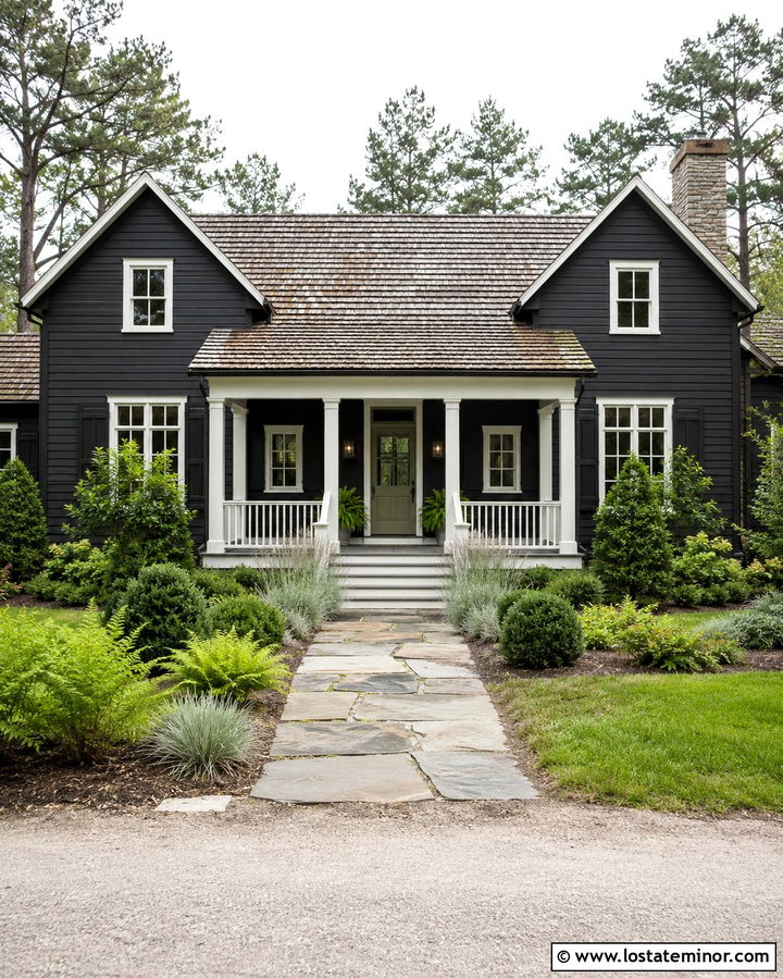 Soft Black House With White Columns And Sage Door - 30 Soft Black House Design With Porch Columns Ideas