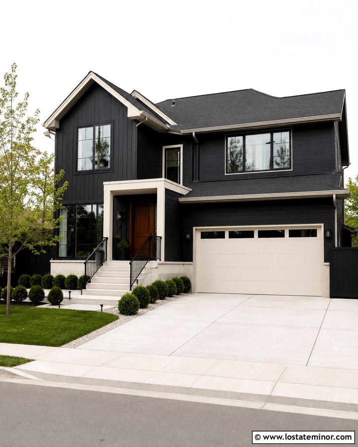 Soft Black House With White Concrete Steps - 30 Soft Black House Design With Steps Ideas