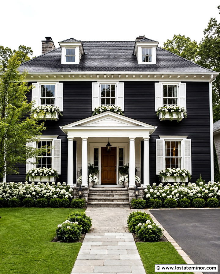 Soft Black House With White Flower Window Boxes - 30 Soft Black House Design With Window Boxes Ideas