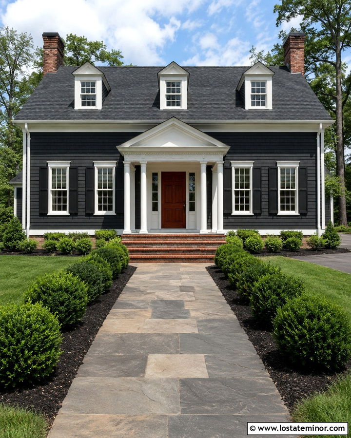 Soft Black House With White Gable Portico - 30 Soft Black House Design With Portico Ideas