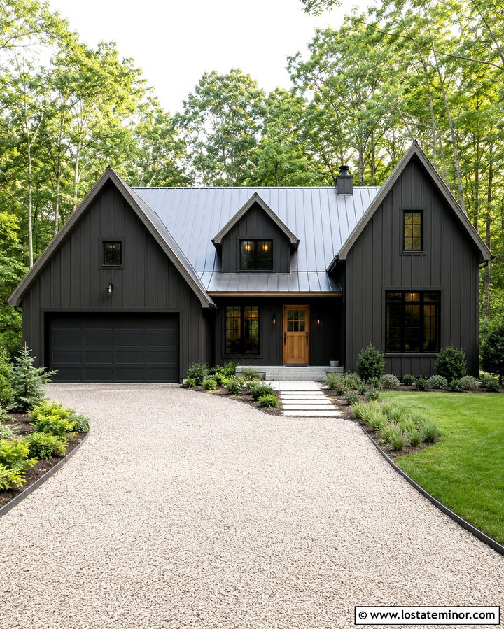 Soft Black House With White Gravel Driveway - 30 Soft Black House Design With Driveway Ideas