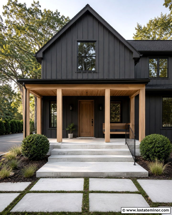 Soft Black House With White Oak Porch - 30 Soft Black House Design With Front Porch Ideas