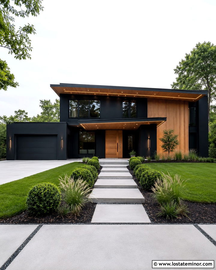 Soft Black House With White Oak Slat Porch Ceiling - 30 Soft Black House Design With Porch Ceiling Ideas