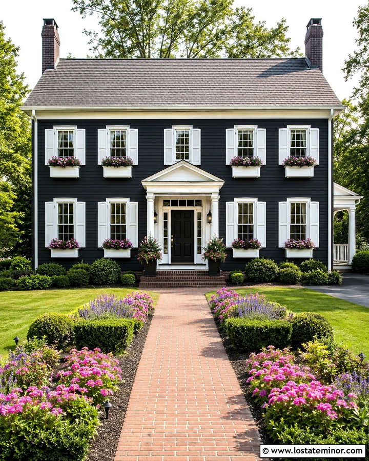 Soft Black House With White Shutters And Window Boxes - 30 Soft Black House Design With Window Boxes Ideas