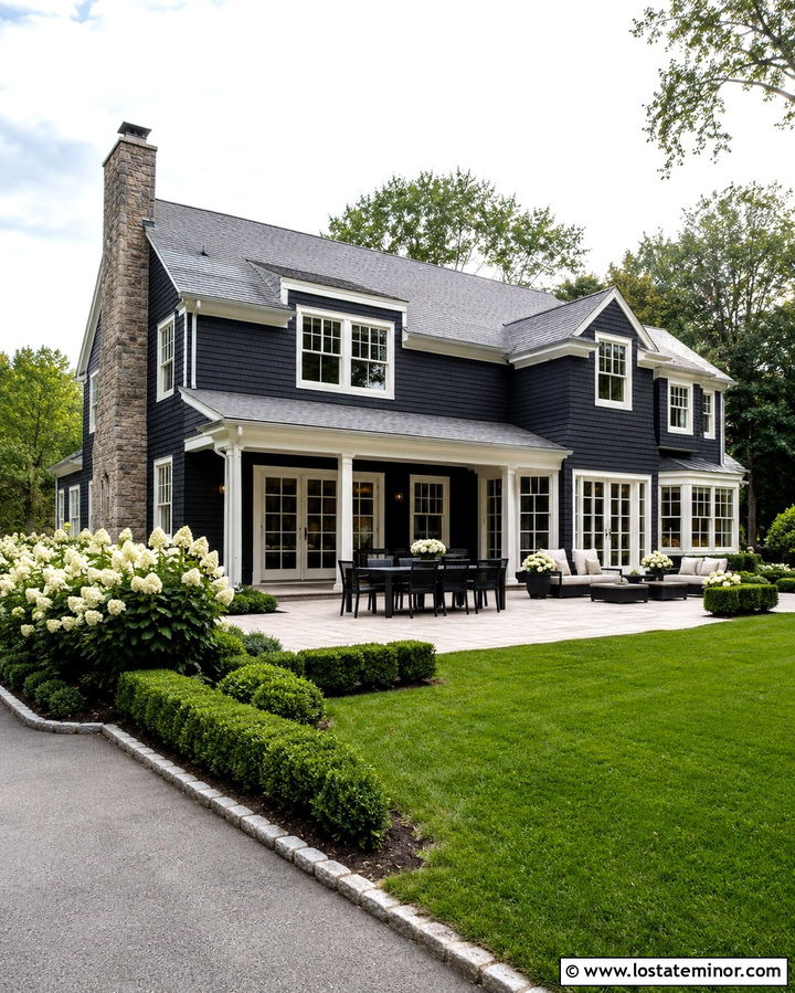Soft Black House With White Trim Patio - 30 Soft Black House Design With Backyard Ideas