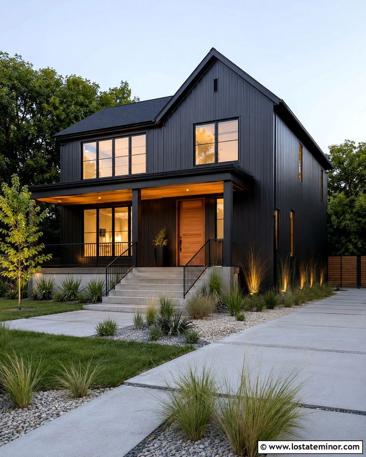 Soft Black House With Wide Concrete Steps - 30 Soft Black House Design With Steps Ideas