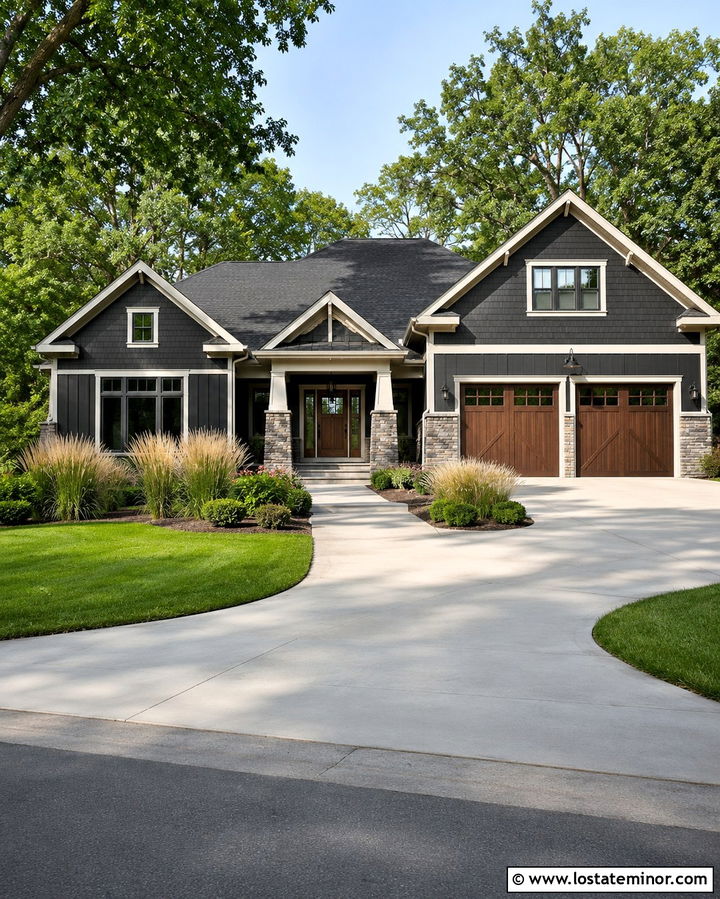 Soft Black House With Wide Front Walkway - 30 Soft Black House Design With Walkway Ideas